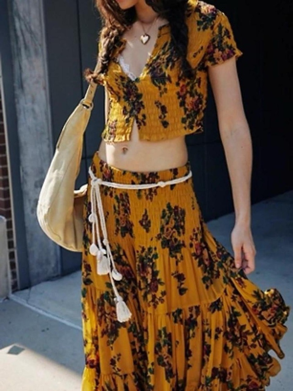 Free People Mustard Floral Tiered Maxi Skirt Set